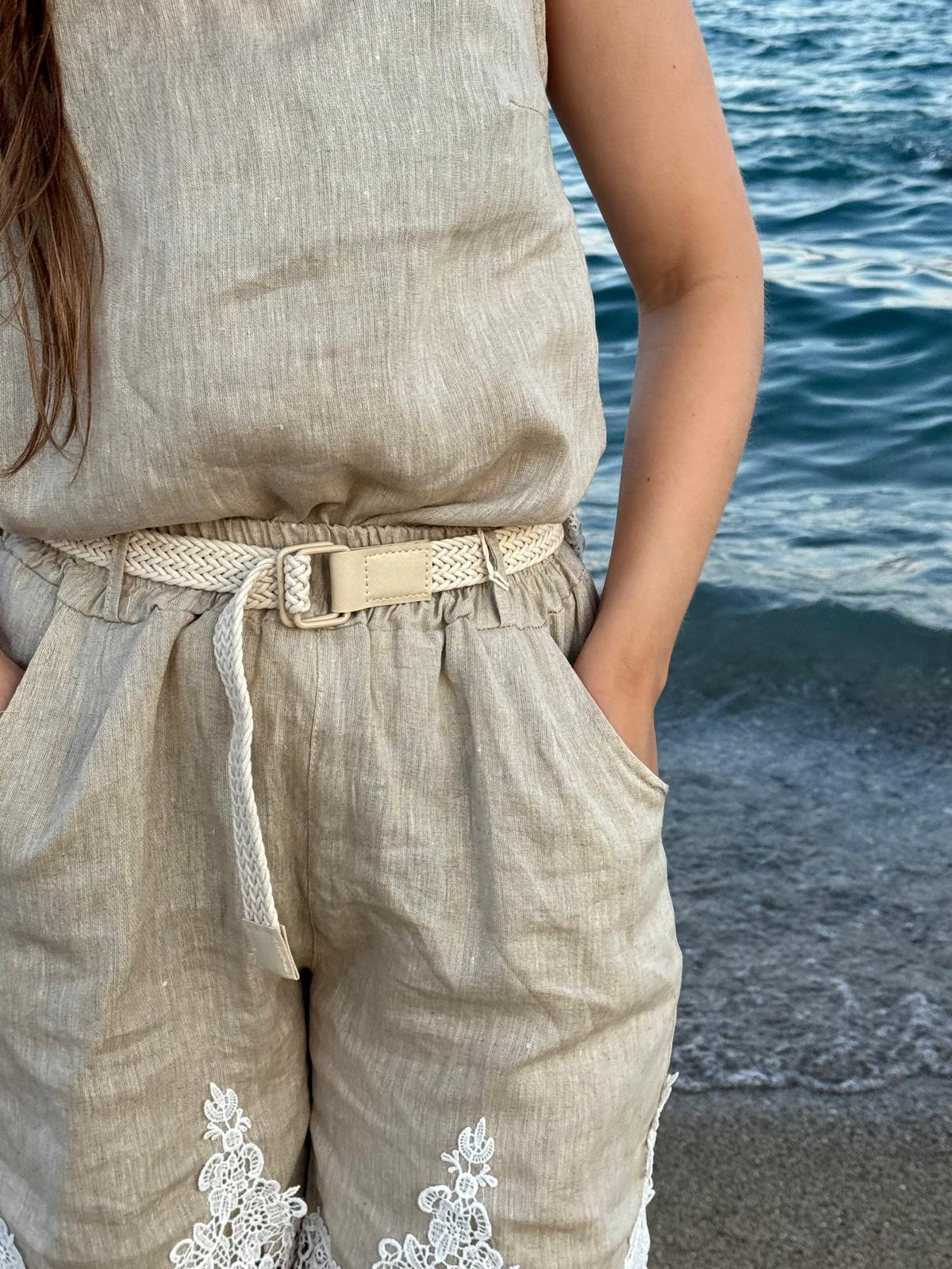 Disgrazia - Conjunto de Lino de Dos Piezas con Encaje Guipur