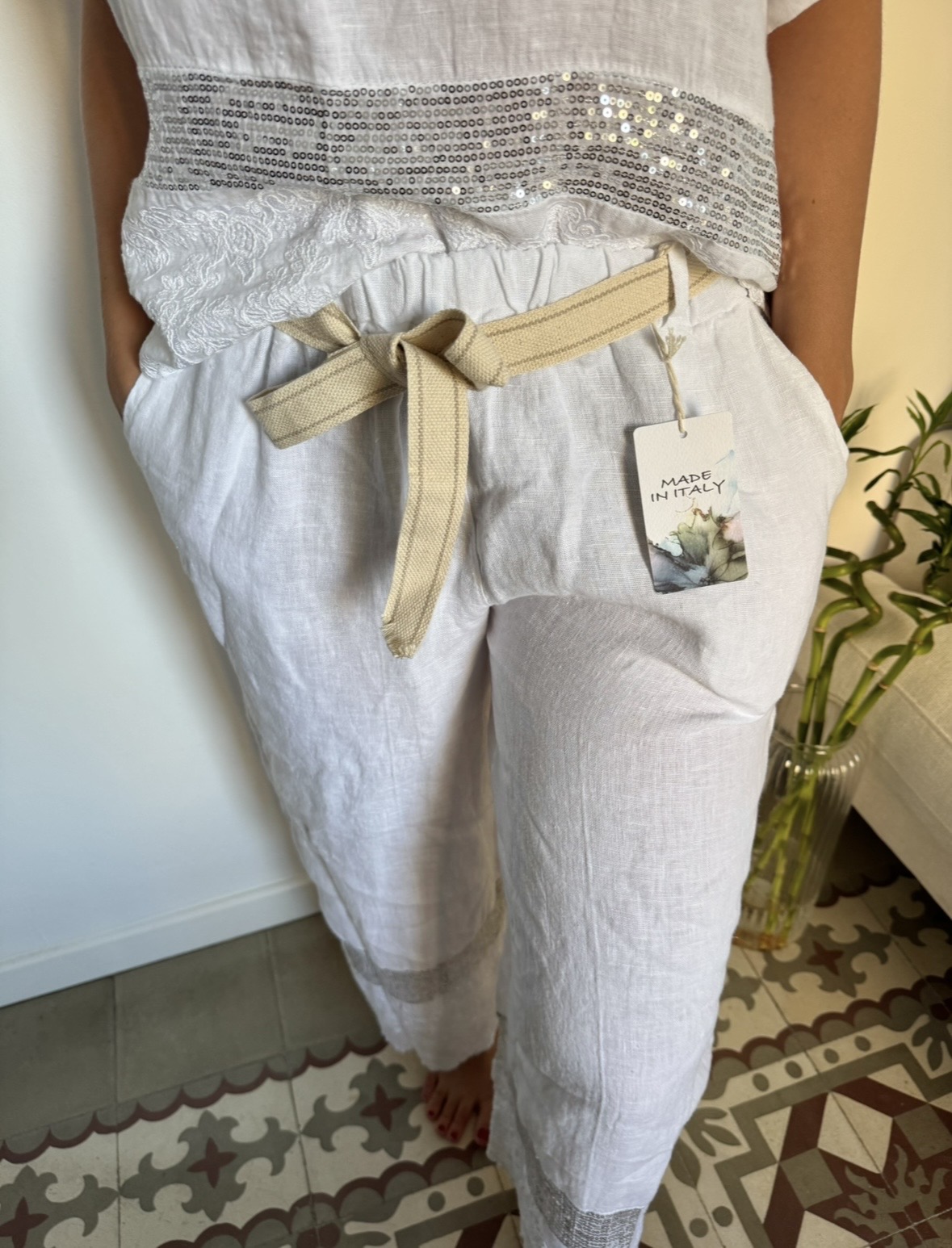 Cervino – Pantalón de Lino con Brillo y Cinturón